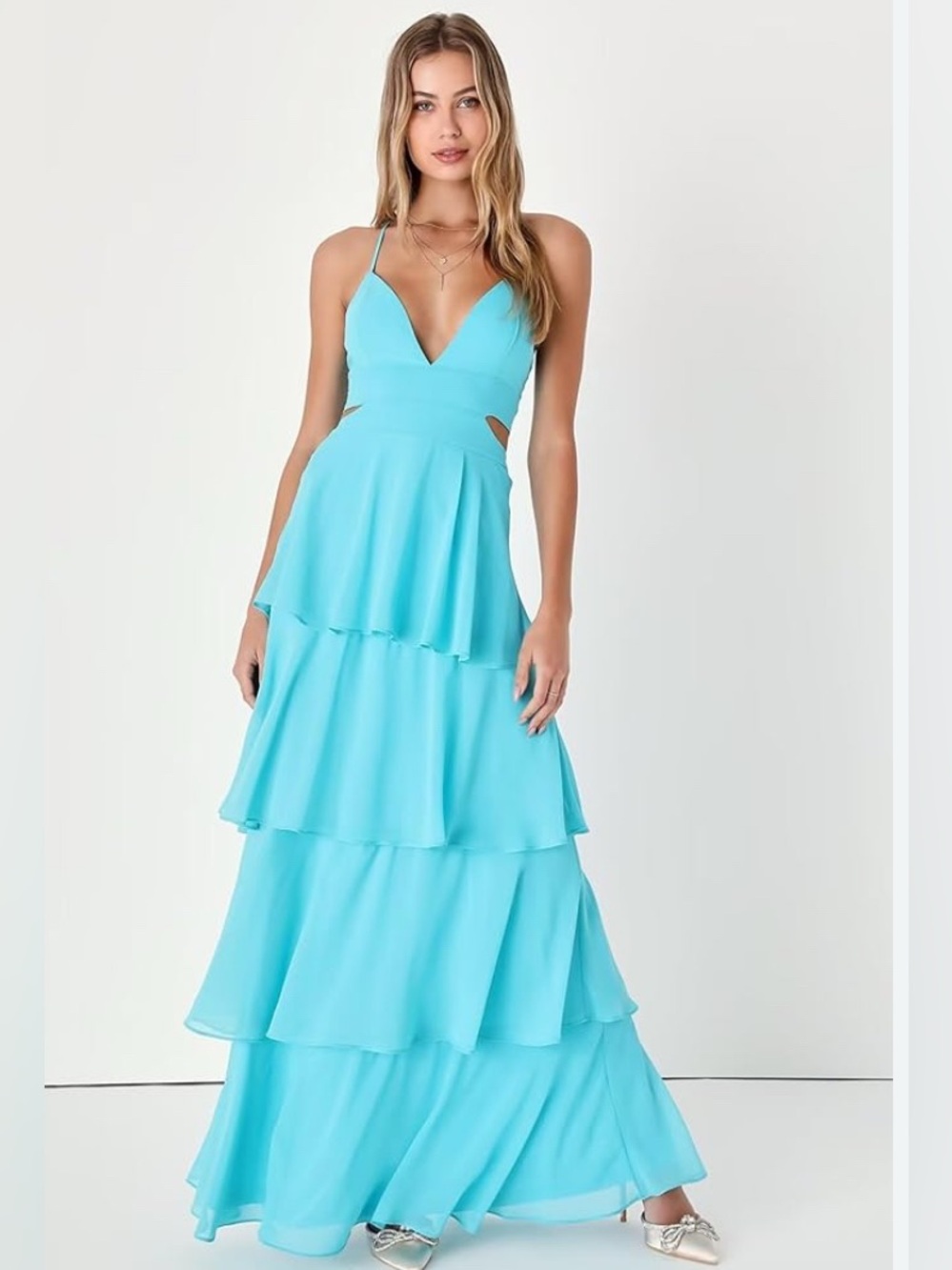 Lulu's Turquoise Cutout Tiered Spaghetti-Strap Maxi Dress